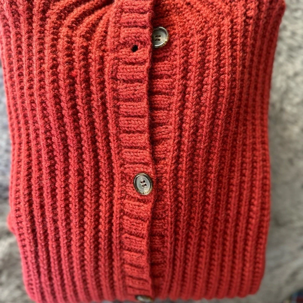 Calvin Klein Vtg Sweater Jacket ButtonBrick Red Wool Hand Knit Ribbed Size M - Picture 4 of 12